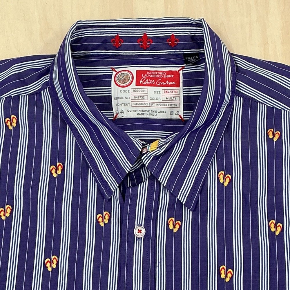 Robert Graham Shirt Mens 3XL Navy Blue Striped Flip Flop Embroidered Classic NWT - Picture 2 of 11